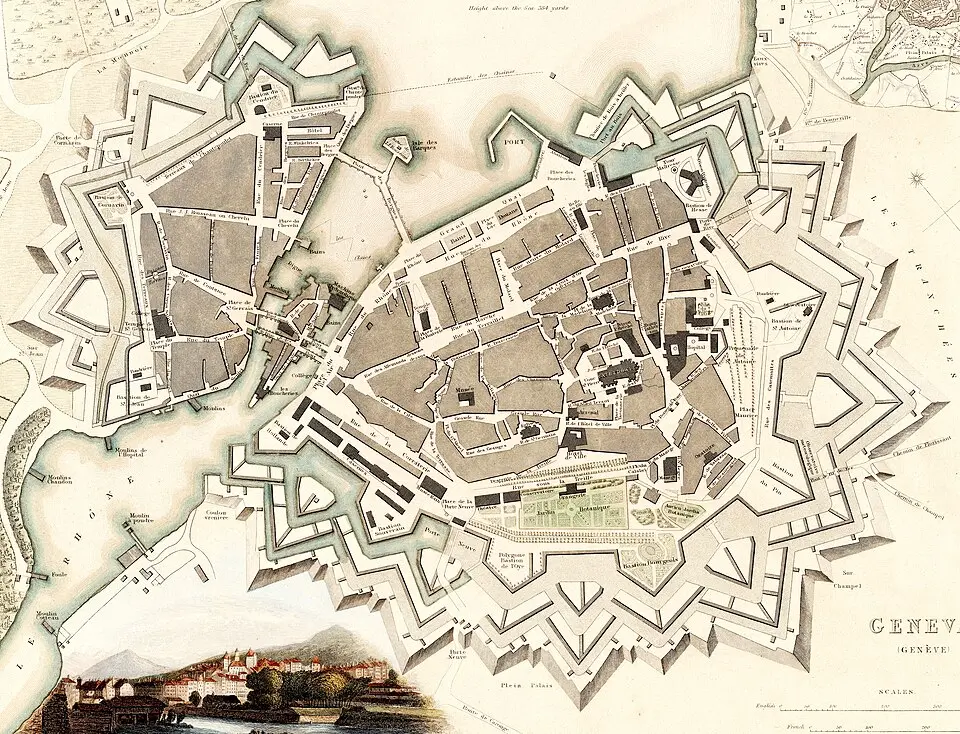 Obrázok: Davies, Benjamin Rees · Public domain Geneva fortification
