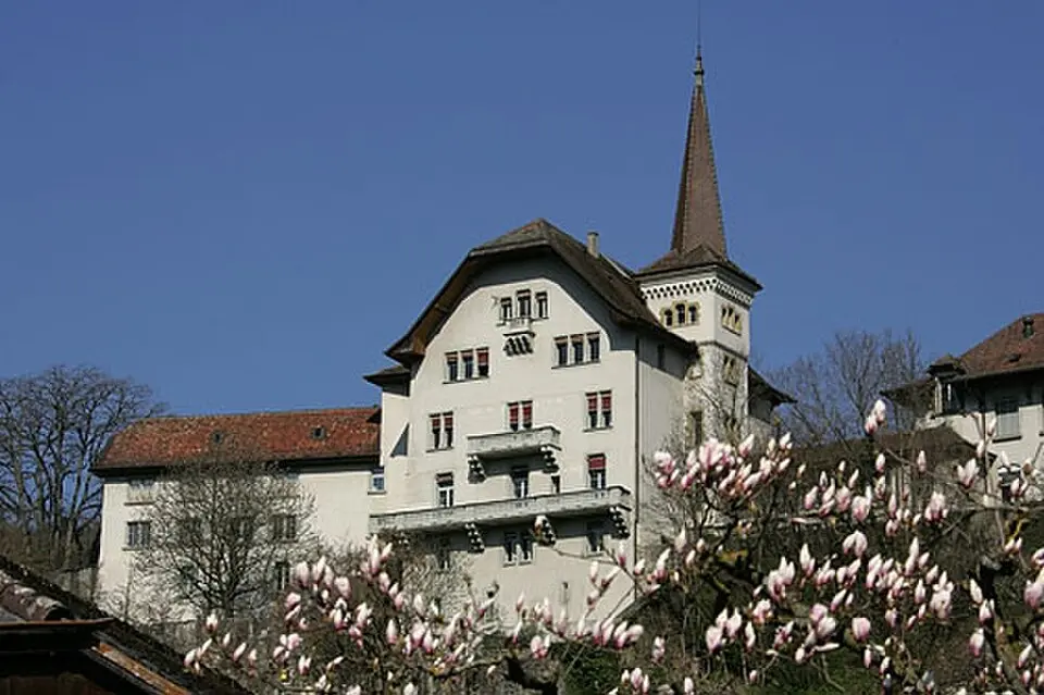 Schloss Carrouge mit altem Turm und Springbrunnen