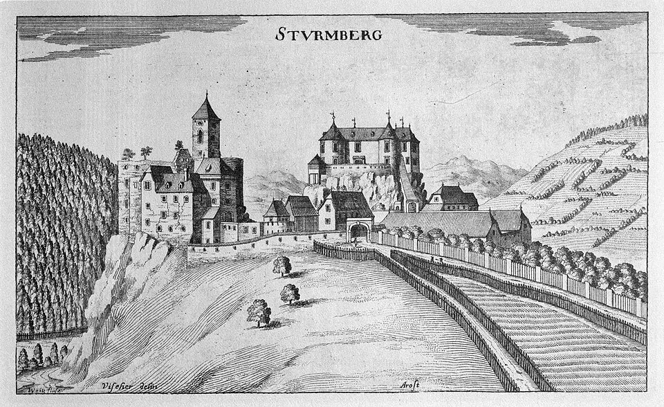 Bild: Georg Matthäus Vischer · Public domain Burgruine Neu- bzw. Ober-Sturmberg
