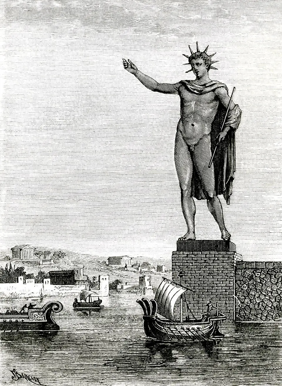 Bild: gravure sur bois de Sidney Barclay numérisée Google · Public domain Koloss von Rhodos